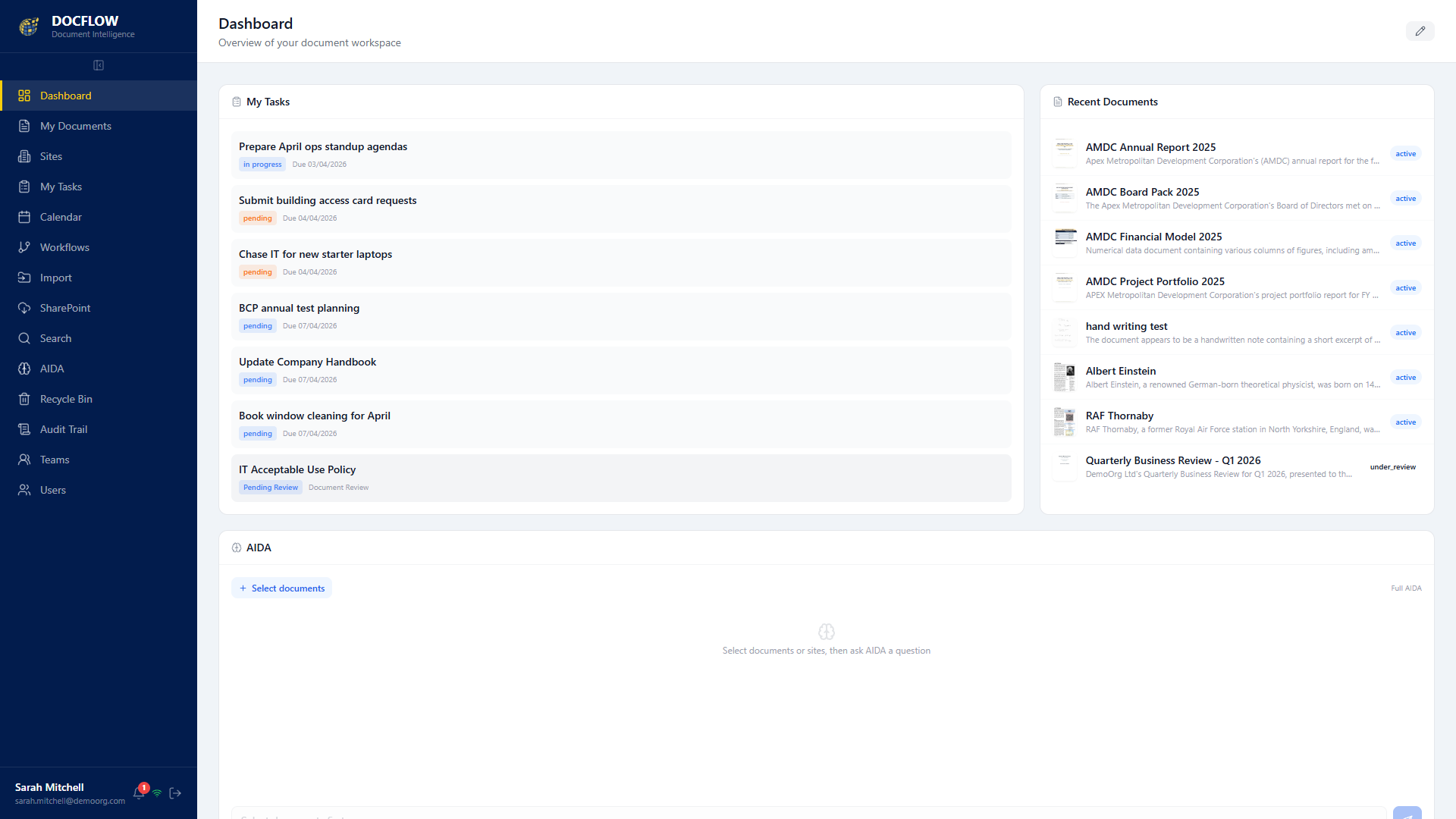 DocFlow platform dashboard showing document management overview