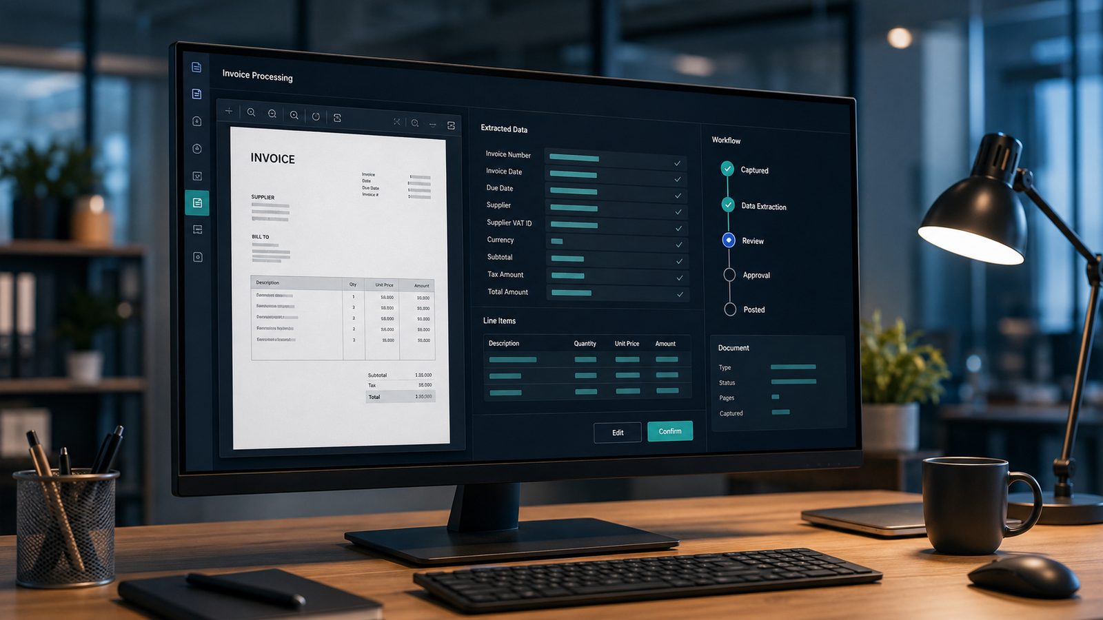 An invoice-processing dashboard capturing and extracting data from a supplier invoice into an approval workflow