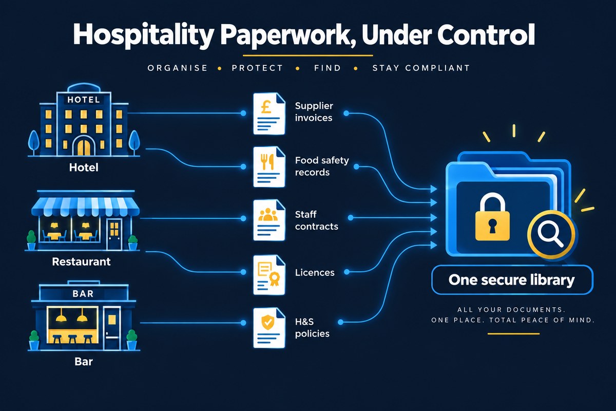 Infographic showing supplier invoices, food safety records, staff contracts, licences and H&S policies flowing from a hotel, restaurant and bar into one secure document library