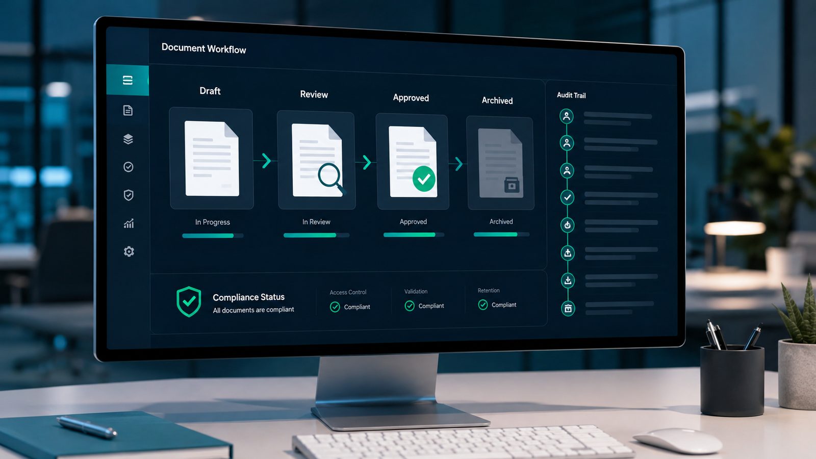 A document workflow dashboard showing draft, review, approved and archived stages with compliance status and an audit trail
