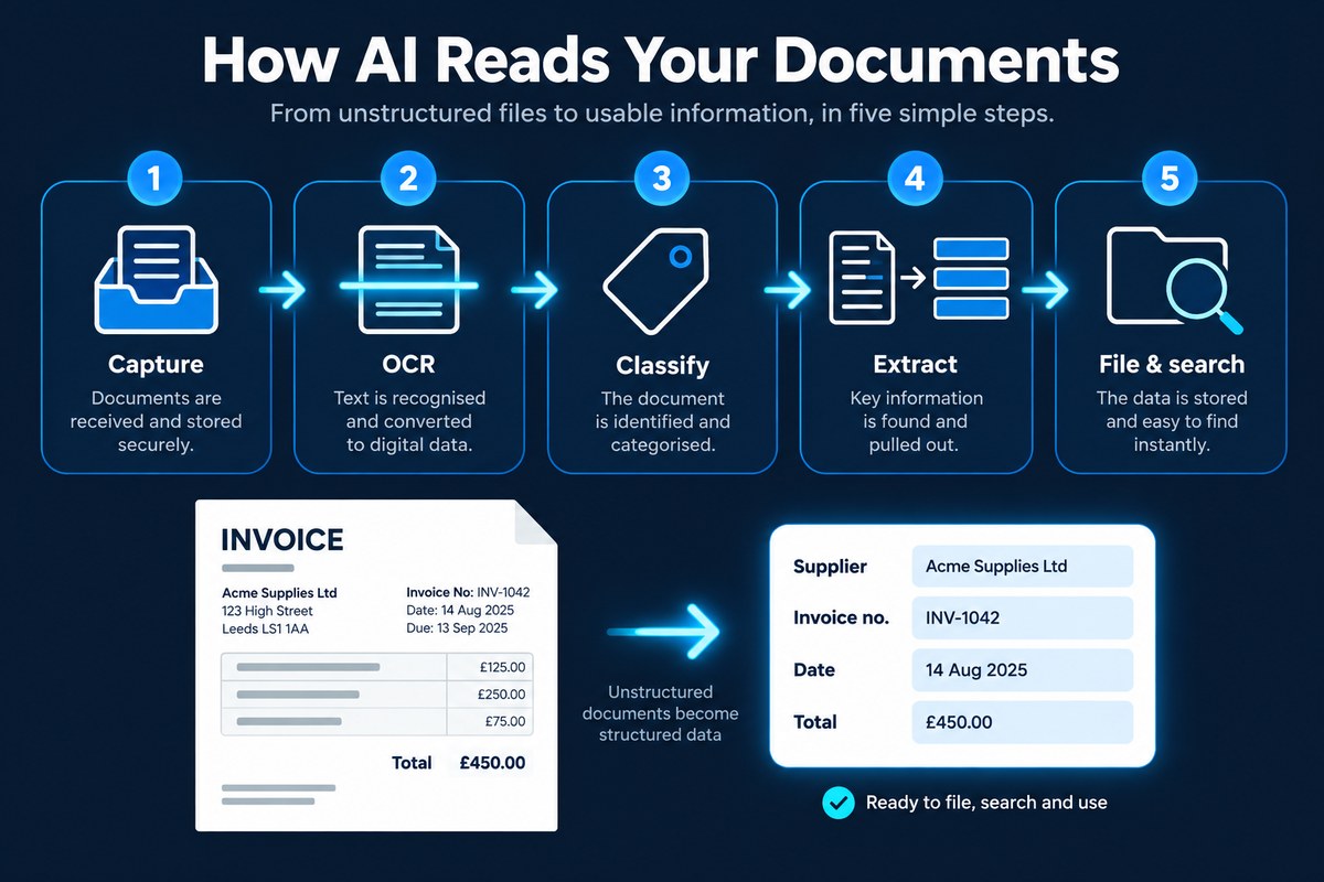 Infographic of the five stages AI uses to read a document: capture, OCR, classify, extract, and file and search, turning an invoice into structured data fields