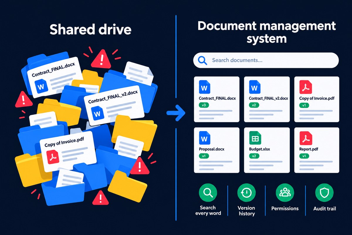 Split infographic comparing a chaotic shared drive full of duplicate files with an organised document management system offering search, version history, permissions and an audit trail