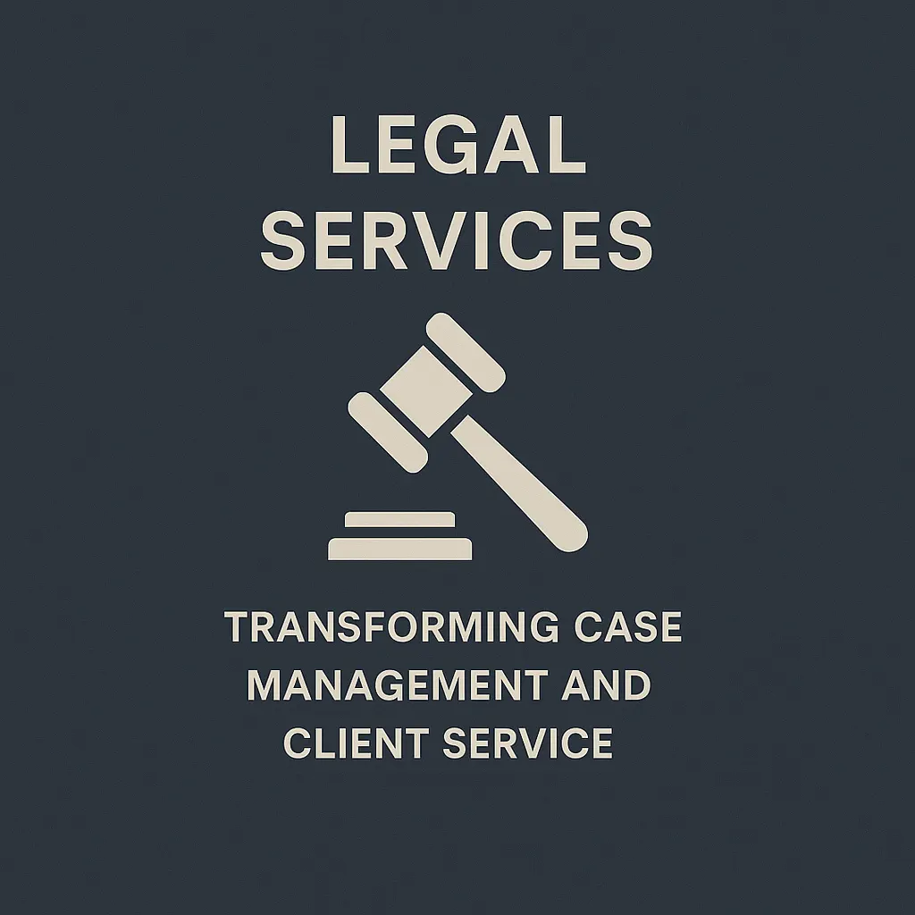 Document Managament for Legal Services A digital graphic with a dark navy background featuring the heading "Legal Services" above a gavel icon. Below, the text reads "Transforming Case Management and Client Service," representing how digital document management enhances legal workflows.