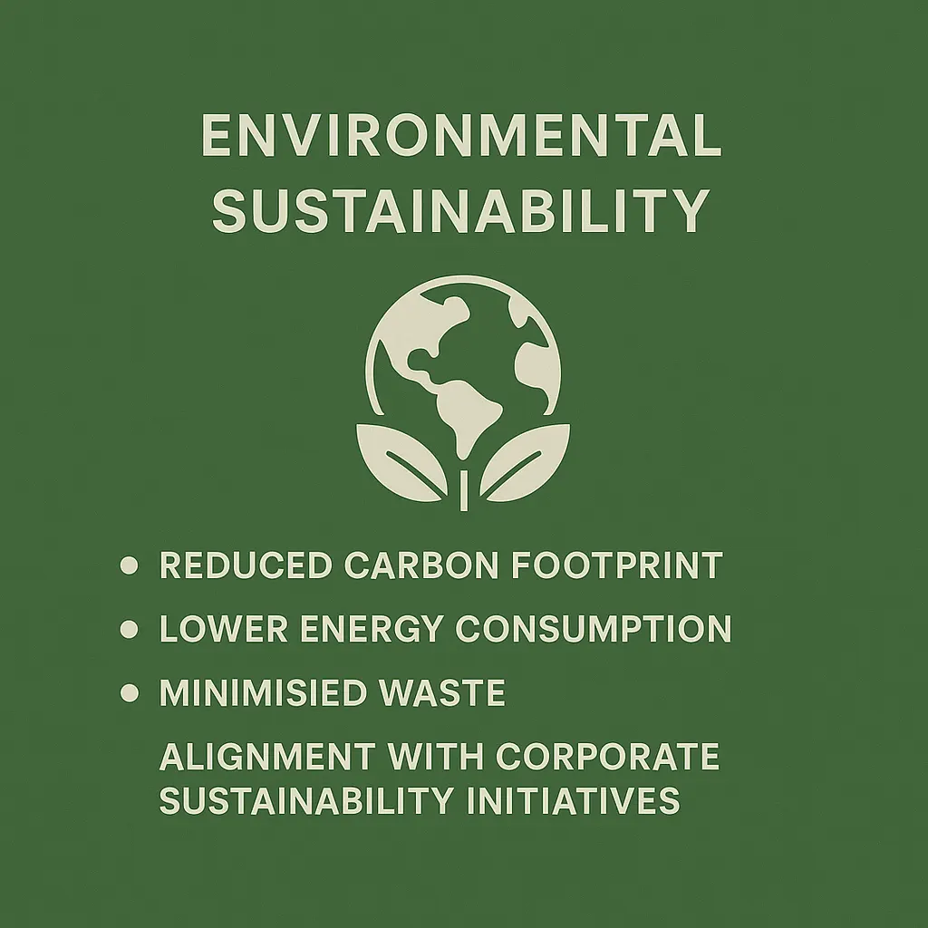 Environmental Sustainability A green infographic titled "Environmental Sustainability" featuring an Earth icon with leaves. It lists four benefits of digital document management: reduced carbon footprint, lower energy consumption, minimised waste, and alignment with corporate sustainability initiatives.