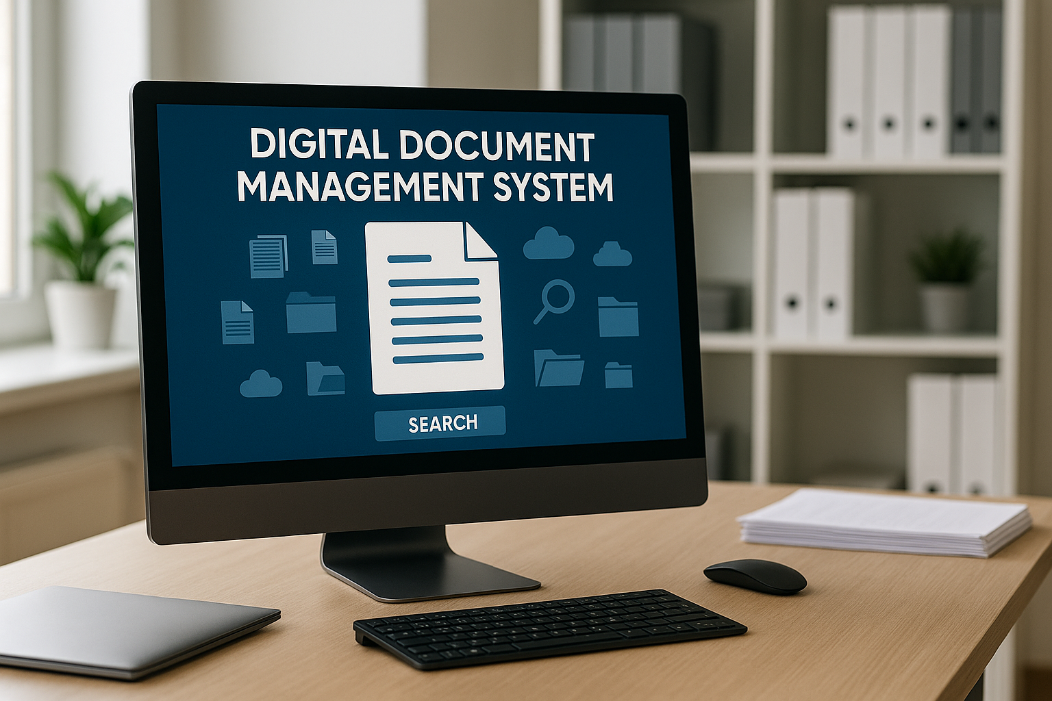 document management system generic A modern office desk with a computer screen displaying a "Digital Document Management System" interface. The workspace is clean and professional, featuring a keyboard, mouse, closed laptop, and neatly stacked documents, with a blurred background of office shelves and soft natural lighting.