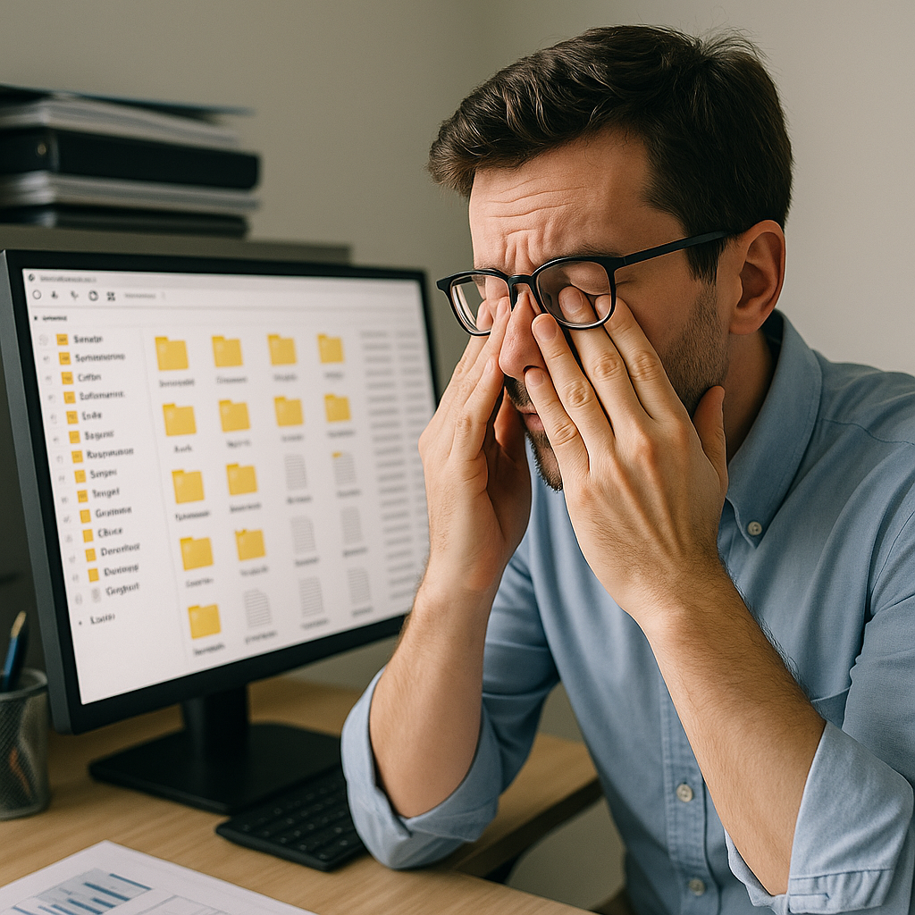 Frustrated office worker rubbing eyes in front of a cluttered file directory on computer screen, showing the toll of time wasted looking for files.